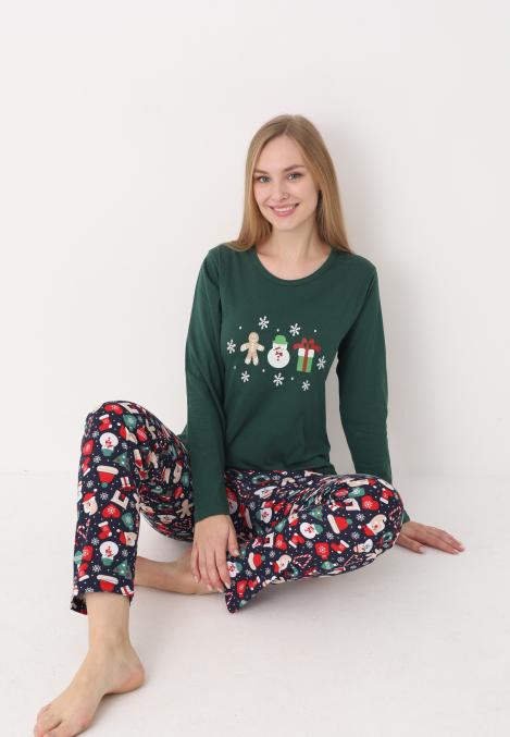 Pijama dama Craciun,maneca lunga si pantaloni lungi,imprimeu figurine festive, En-gros